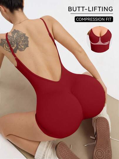 Easithlete Women's Solid Color Backless Camisole Romper Bodysuits For Women Tummy Control Gym One Piece Set Yoga One Piece Red Bodysuit One Piece Workout Set