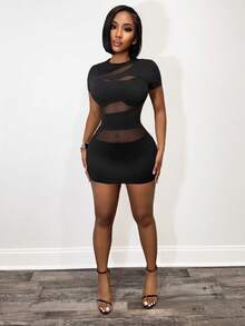 BamGleam Women's Sexy Mesh Patchwork Mini Dress, Spring/Summer - Black - View 4