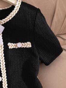 Elladie kids 1pc Tween Girls Black And Cream Summer Elegant Graduation Korean Style White Splicing Gold Ribbon Decor Faux Pocket Bow Short Sleeve Dress For Party - Black - View 6