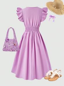 ChillGRL Teen Girl Purple Casual Vacation Beach Round Neck Cap Sleeve Textured A-Line Waist Dress, Spring/Summer - Purple - View 2