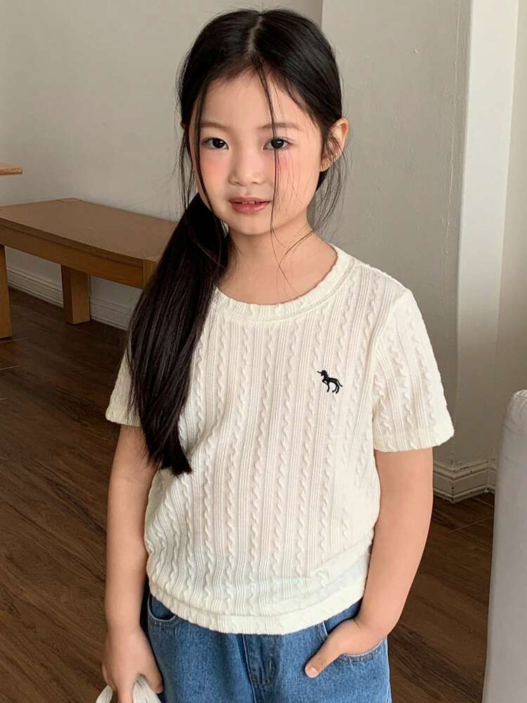 Young Girls Textured Crew Neck Short Sleeve T-Shirt Summer