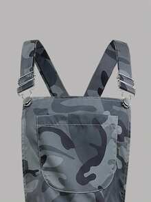 SHEIN ChillGRL 少女春夏迷彩连体裤，配有可调节可拆卸肩带，休闲街头风 - 軍綠色 - 查看 5