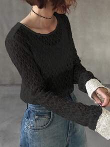 FRIFUL Áo nữ tay dài cổ tròn phối màu tương phản, chất liệu ren xuyên thấu, kiểu dáng thường ngày đa năng, thích hợp cho mùa thu/đông. - màu đen - Xem 4