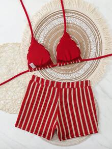 Slaydiva Women's Summer New Vacation Beach Striped Spaghetti Strap Bikini Set - Red - View 2