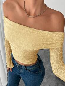 Siren Gaze Áo thun nữ dáng ngắn trễ vai, màu trơn, chất liệu jacquard, kiểu dáng thường ngày. - Vàng nhạt - Xem 3