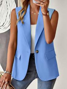 EMERY ROSE Stylish Regular Length Sleeveless Plain Baby Blue Blazer Vest For Women - Baby Blue - View 1