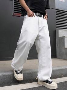 Manfinity Hypemode 男士街头时尚奢华刺绣设计宽松阔腿牛仔裤，不含腰带 - 白色 - 查看 2