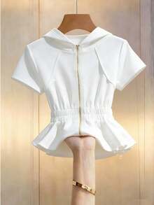 Franclia 女士白色休闲拉链连帽短袖卫衣，收腰设计，白色上衣，女士休闲上衣，夏季度假，女士健身上衣，女士运动服，嘉年华女士服装，女士节日服装，春季，夏季上衣，夏季度假，春夏季节服装，时尚休闲通勤装，商务办公装，百搭时尚日常休闲装，都市教师职业装 - 白色 - 查看 1