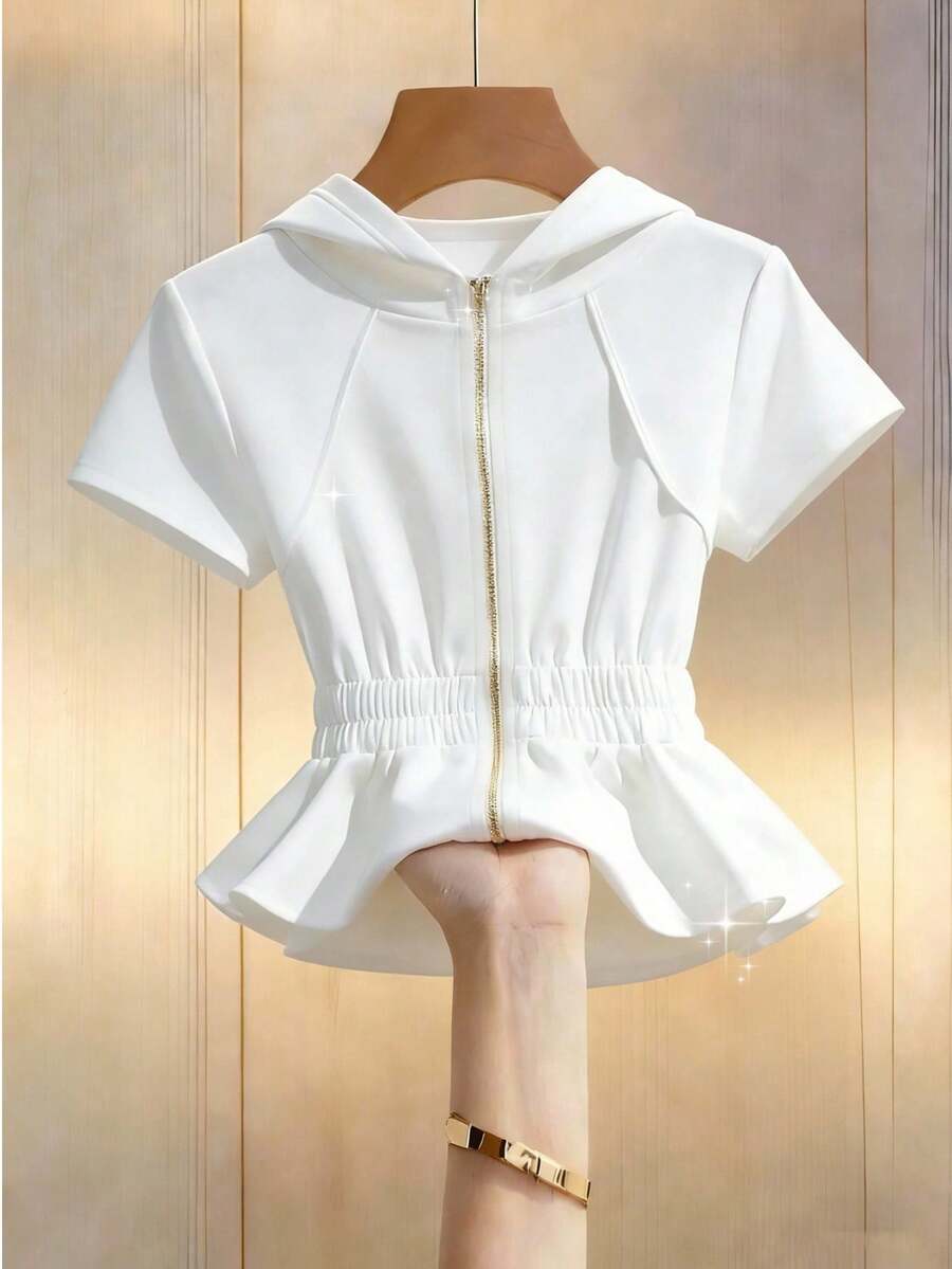 Franclia 女士白色休闲拉链连帽短袖卫衣，收腰设计，白色上衣，女士休闲上衣，夏季度假，女士健身上衣，女士运动服，嘉年华女士服装，女士节日服装，春季，夏季上衣，夏季度假，春夏季节服装，时尚休闲通勤装，商务办公装，百搭时尚日常休闲装，都市教师职业装 - 白色 - 查看 1