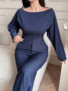 DAZY Set de 2 piezas de suéter casual de efecto de mezclilla con hombros descubiertos y pantalones de pierna ancha para primavera - Azul Marino - Ver 6