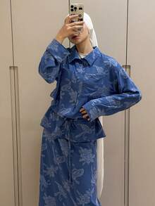 DAZY 女士蓝色单排扣抽绳长袖上衣和裙子两件套 - 藍色 - 查看 3