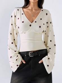 LYSMO 女士休闲通勤波点印花喇叭袖上衣 - 淡黃色 - 查看 3