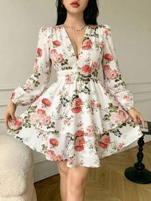 Celisse Women's Spring/Summer Sexy Vacation Floral Print Deep V-Neck Lantern Sleeve Waist Cinched Multi-Tier Hem Dress - Multicolor - View 3