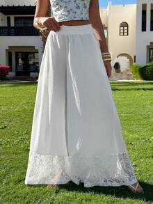 EURMUSE Women's Elastic Waist Contrast Lace Wide Leg Loose Pants, Suitable For Vacation - White - View 4