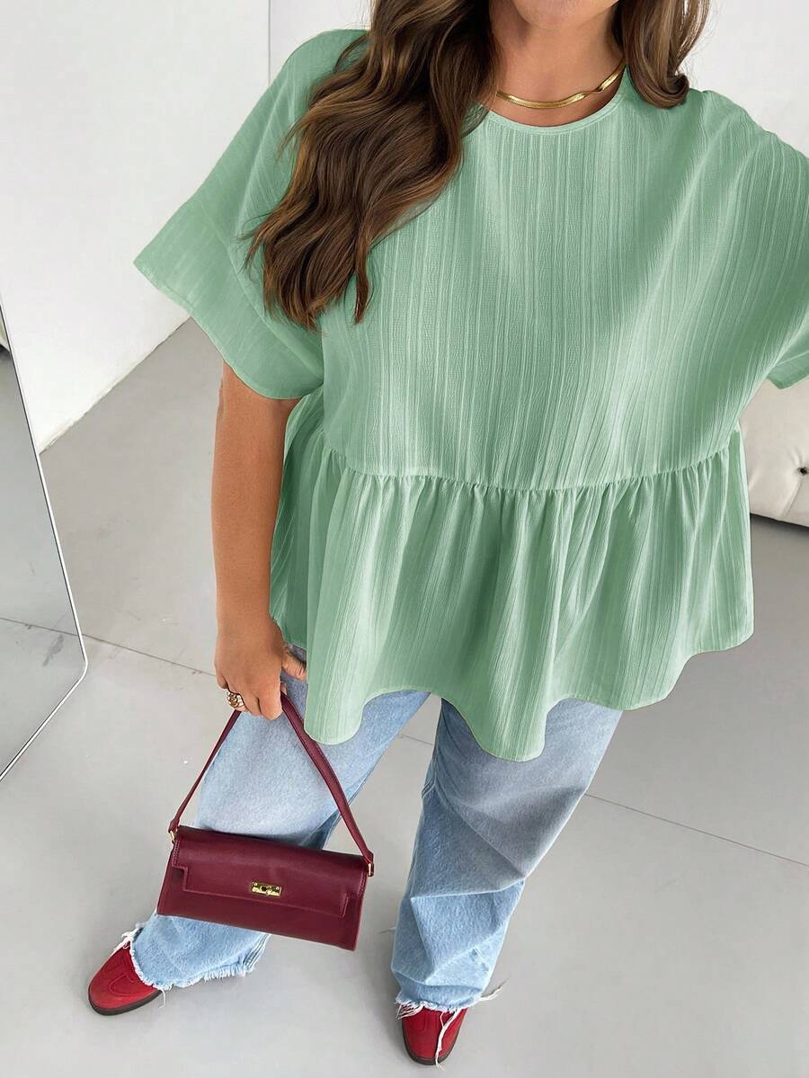 SHEIN Essnce 大码女装春夏时尚休闲宽松舒适日常百搭修身质感面料黄色短袖衬衫，简约风格，凸显曲线，可爱上衣，奶油黄，外出上衣，女士衬衫，欧洲夏季，荷叶边上衣，女士早午餐穿搭 - 薄荷綠 - 查看 1