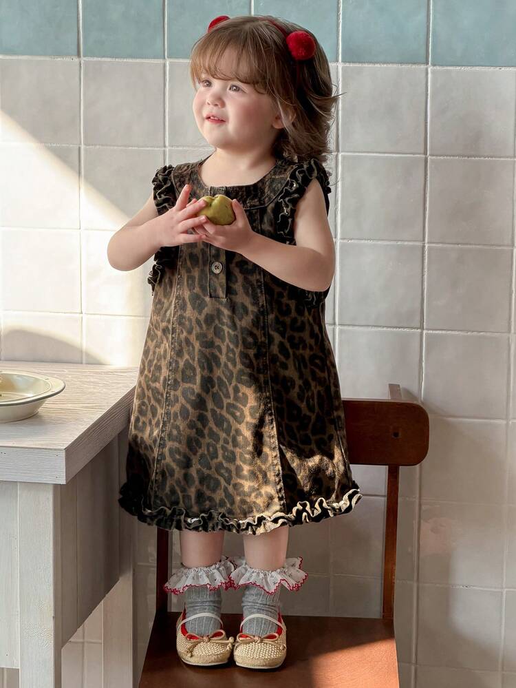 Toddler Girls' Leopard Print Casual Street Style Denim Dress