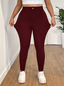 SHEIN PETITE CURVE Pantalones de cintura alta de unicolor talla grande, aptos para uso diario - Burdeos - Ver 6