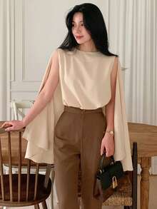 DAZY 女士宽松无袖飘逸雪纺衬衫 - 香檳色 - 查看 6