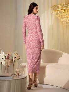 Modelyn V-Neck Pleated Cutout Knit Elegant Dress - Pink - View 10