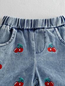 SHEIN 女婴圆领字母樱桃印花无袖T恤搭配松紧腰短裤，休闲日常穿搭 - 紅色 - 查看 6