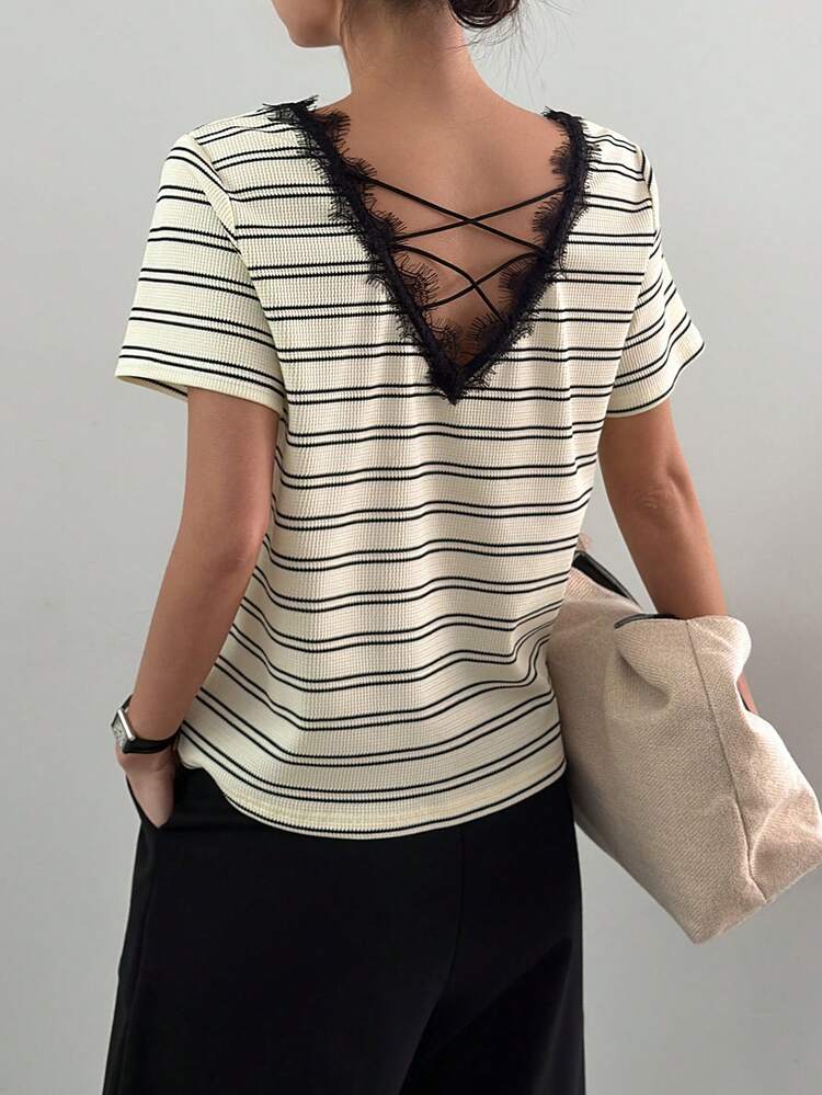 Women's V-Neck Lace Patchwork Striped Loose Casual Street Style Short Sleeve T-Shirt, Summer