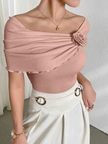 Modelyn 纯色3D立体花卉褶皱优雅短袖T恤 - 粉色 - 查看 4