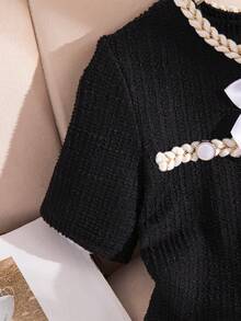 Elladie kids 1pc Tween Girls Black And Cream Summer Elegant Graduation Korean Style White Splicing Gold Ribbon Decor Faux Pocket Bow Short Sleeve Dress For Party - Black - View 4