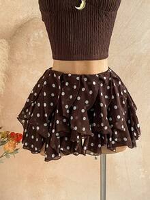 Soleia 女士波点印花层叠荷叶边下摆半身裙 - 棕色 - 查看 3