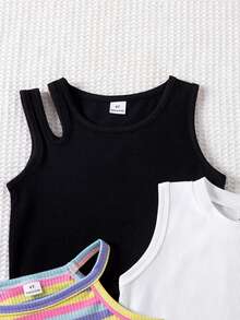 SHEIN Young Girls' Sleeveless Casual Ribbed Tank Top, Versatile For Daily Wear, Summer - Multicolor - View 6