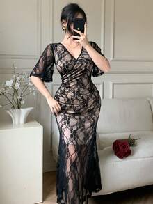 DAZY Abito in pizzo nero primaverile/estivo, elegante per San Valentino, matrimonio, festa, occasione formale, evento di moda, pendolarismo, maniche a sbuffo, vita stretta, orlo a sirena, abito midi a maniche lunghe in tulle trasparente per donna - nero - Visualizzare 6