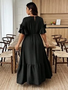 Weeklong Plus Size Solid Color Round Neck Short Sleeve Casual Loose Ruffled Hem Dress - Black - View 2