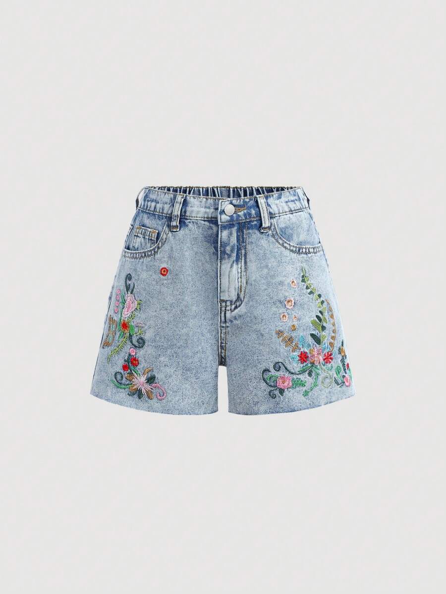 SHEIN Girlism 少女时尚返校节街头服饰混搭百搭设计 Y2K 复古酷炫街头优雅浅色水洗春夏清新花卉刺绣牛仔短裤,适合日常穿着以及春夏锐舞节和街头服饰。 - 藍色 - 查看 1