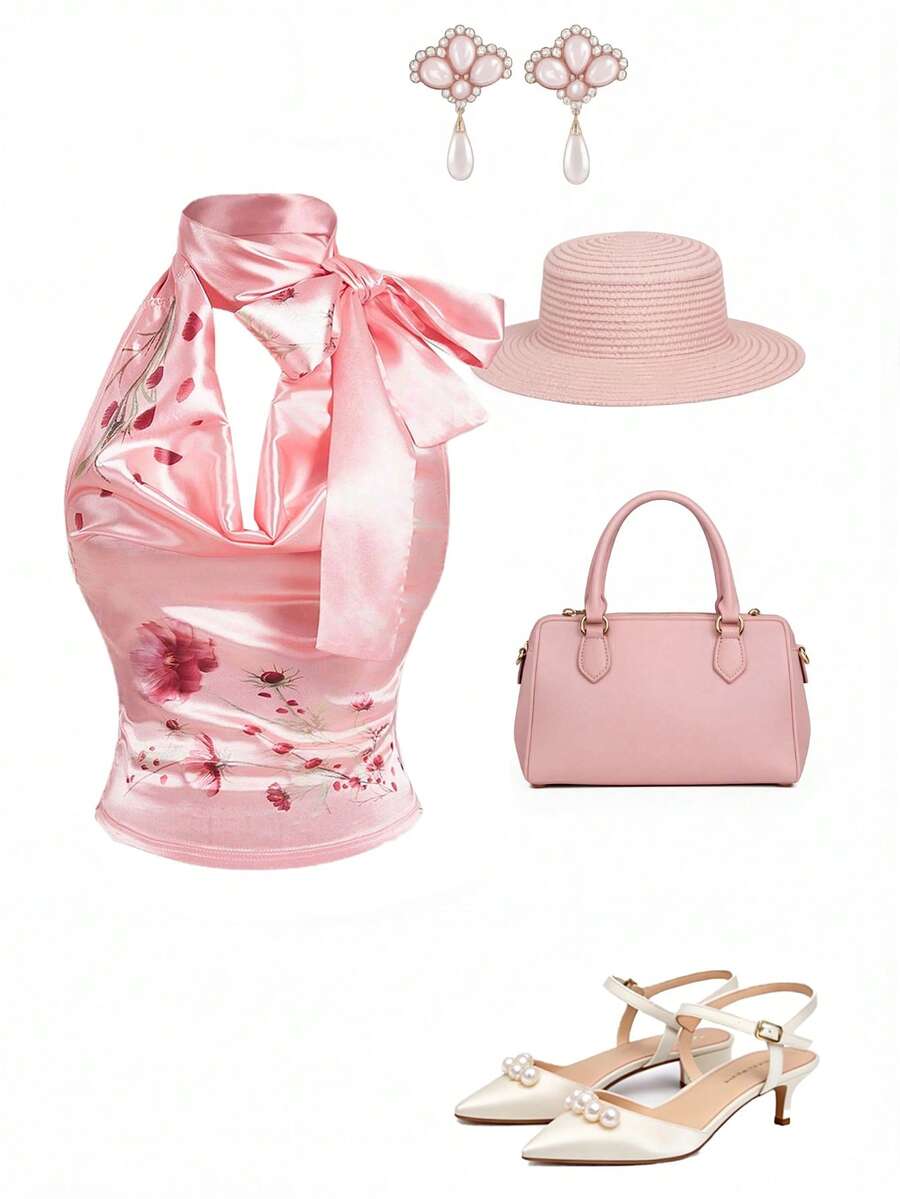 GlowEve Elegant Young Draped Neck Bowknot Blouse - Pink - View 1