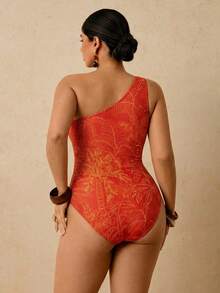 Travachic Áo tắm liền thân cỡ lớn in họa tiết cây cỏ nhiệt đới màu xanh lá cây, kiểu dáng khoét eo, buộc dây phía trước, thích hợp mặc đi nghỉ mát. - trái cam - Xem 2