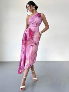 Firerie Đầm nữ kiểu dáng lãng mạn, thanh lịch, bất đối xứng, họa tiết nhuộm tie-dye, eo khoét rỗng, viền bèo nhún, lệch vai, thích hợp cho hẹn hò, mùa hè, màu sắc nhẹ nhàng, trang phục đi biển. - Màu Hồng baby - Xem 6