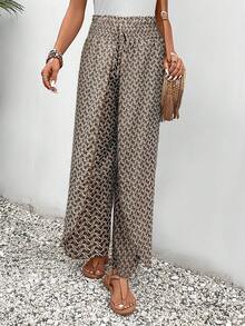SHEIN Frenchy 全身印花打结腰郁金香下摆阔腿宽松交叉裤 - 棕色 - 查看 5
