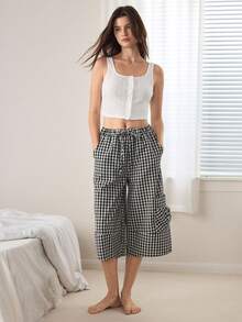 Ocili Women's Solid Color Tank Top & Plaid Wide Leg Pants Pajama Set - Black and White - View 6