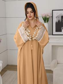 SHEIN Najma Hooded Lace Ribbon Batwing Tassel Dress For Women - Orange - View 3