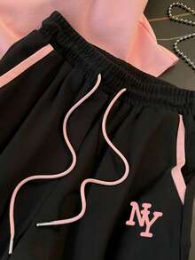 Resyla 女款時尚休閒黑白拼色 Logo Polo 領短袖上衣 + 休閒短褲套裝 - 粉色 - 查看 5
