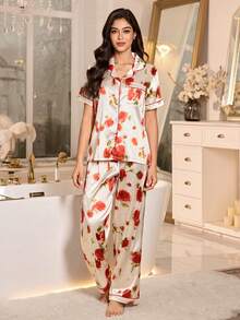 LuxeNights Elegant Rose Floral Print Silk Blend Robe & Pajama Set For Women Floral Pj Set Short-Sleeved Pajama Set - Red - View 6