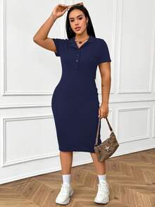 SHEIN EZwear 藏蓝色加大码纯色修身圆领短袖半开襟连衣裙 - 藏蓝色 - 查看 6