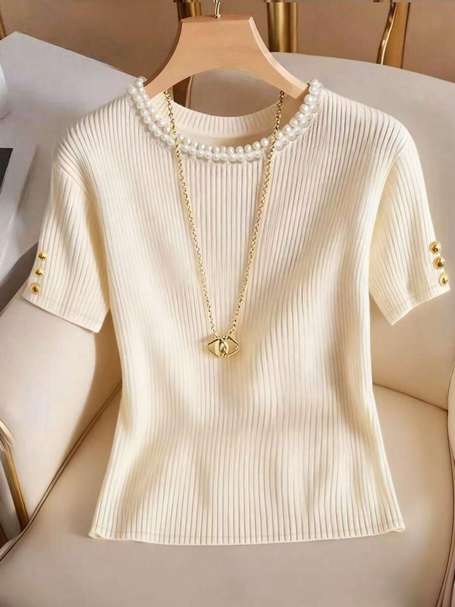 Franclia Camiseta de manga corta de tela texturizada con perlas de unicolor elegante, top de punto de moda minimalista - Albaricoque - Ver 1