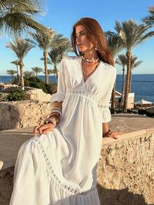 EURMUSE 女士白色波西米亚风长款度假连衣裙 – 短袖，钩花边，优雅度假装 - 白色 - 查看 4