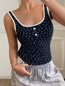 DAZY Ditsy Floral Contrast Trim Camisole Top With Built-In Bra Pad For Women - Black - View 6