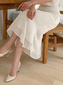 DAZY Women's Midi Mermaid Skirt With Sheer Mesh Overlay - Khaki - View 1