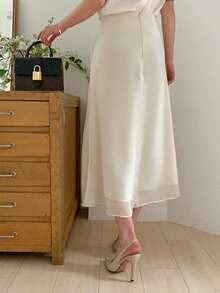 DAZY Women's Midi Mermaid Skirt With Sheer Mesh Overlay - Khaki - View 6