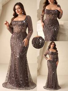 Coutiva Đầm dài tay đính sequin ngọc trai sang trọng cỡ lớn với cổ vuông khoét sâu và lưng hở (thiết kế cao cấp, bền chắc) cùng chân váy kiểu đuôi cá; thích hợp cho các sự kiện dạ hội trang trọng, dự đám cưới, lễ tốt nghiệp và tiệc sinh nhật. - màu nâu - Xem 4