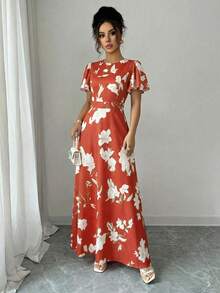 Elenzga Đầm nữ thanh lịch, lãng mạn, tay bồng, cổ tròn, thắt eo, in kỹ thuật số. - Nhiều màu - Xem 4