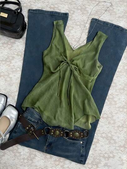 Glimmora Women's Casual Green Textured Front Tie Tank Top, Summer