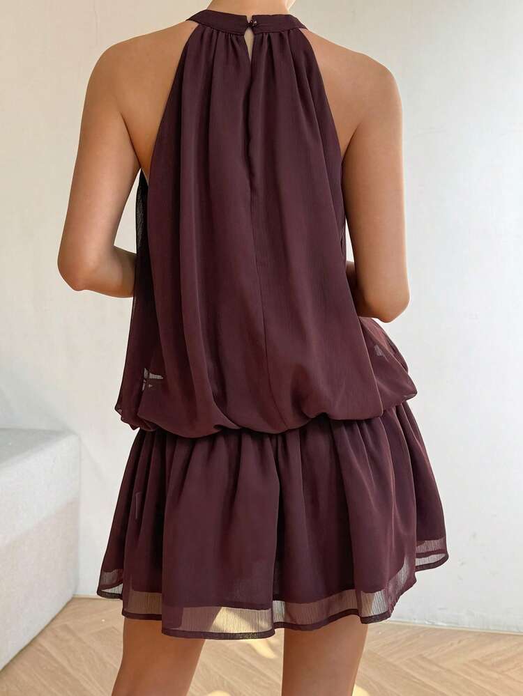 Women's Elegant Solid Color Halter Sleeveless Mini Dress, Summer,Wedding Guest Dress Women Sundress
